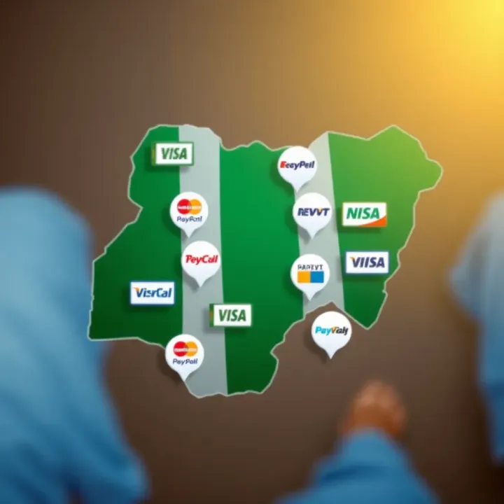Conceptual graphic showing multiple payment method symbols overlapping a Nigerian map