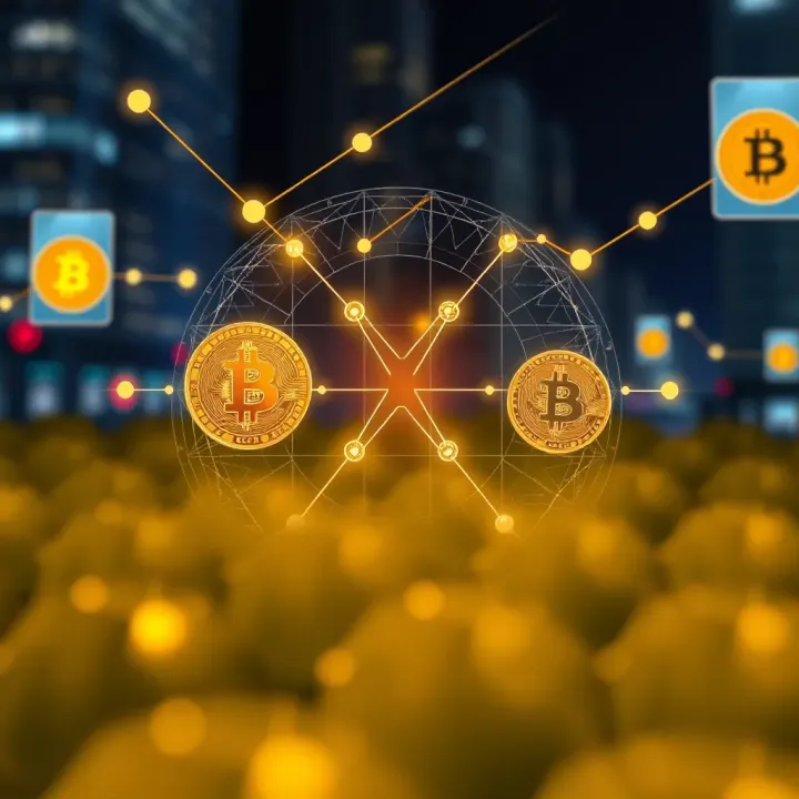 Illustration of blockchain technology interconnected with digital currency symbols