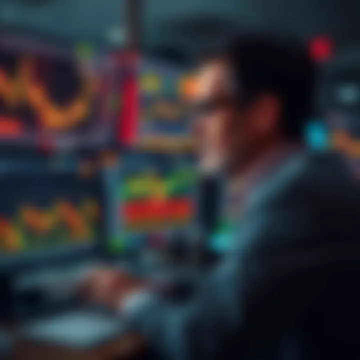 Bruce Kovner analyzing financial charts and market data on multiple screens