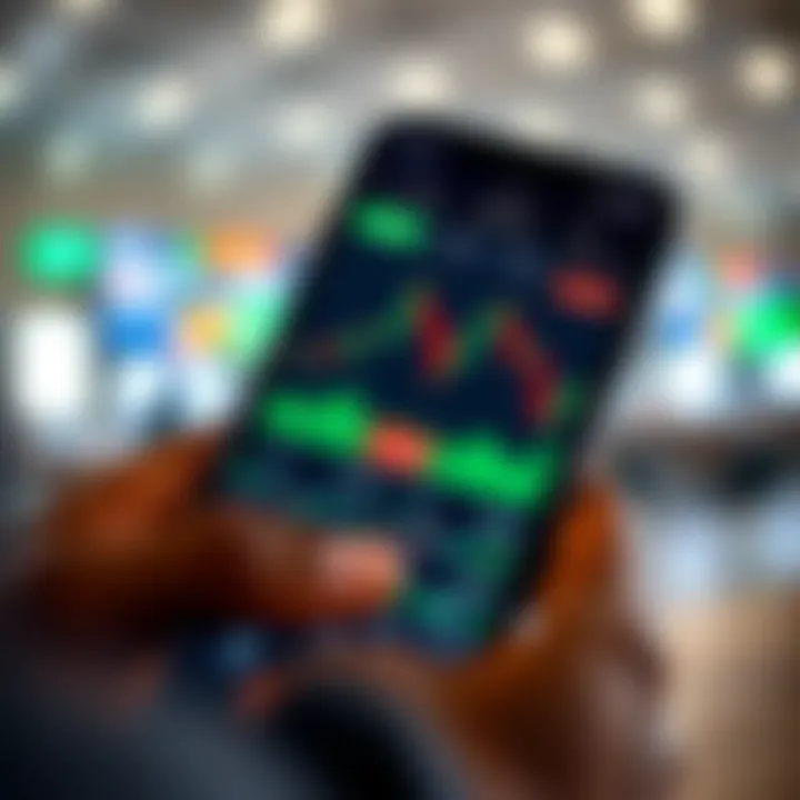 Mobile phone displaying a trading app interface with charts and market indicators