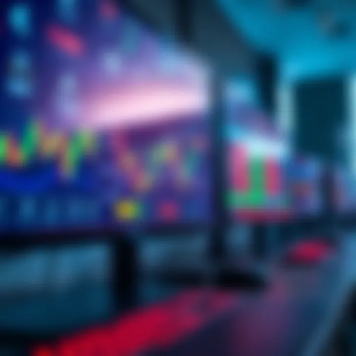 Forex trading platforms with charts and currency symbols displayed on computer screens