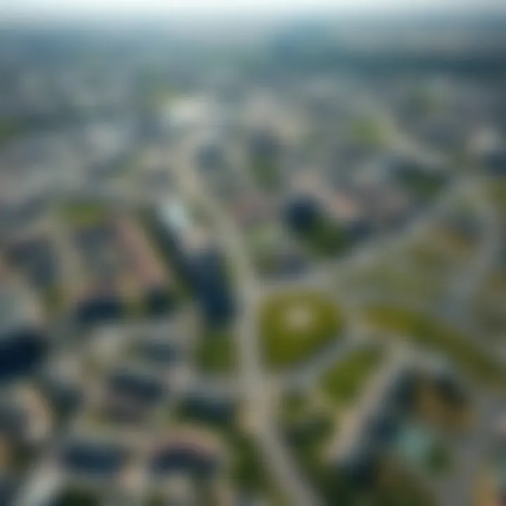 Aerial view of a sprawling commercial and residential complex with green spaces and road networks