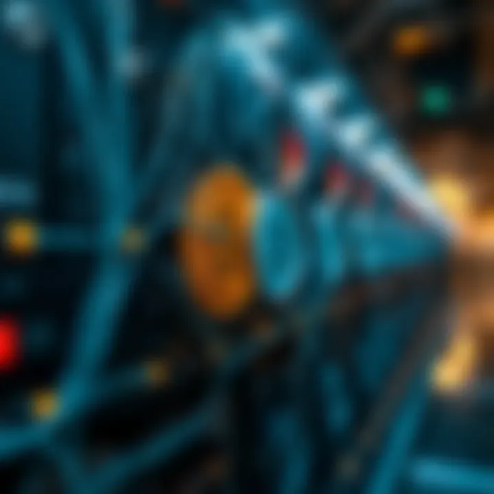 Graphic showing cryptocurrency mining rig with digital coins and network connections representing ECOS Mining technology
