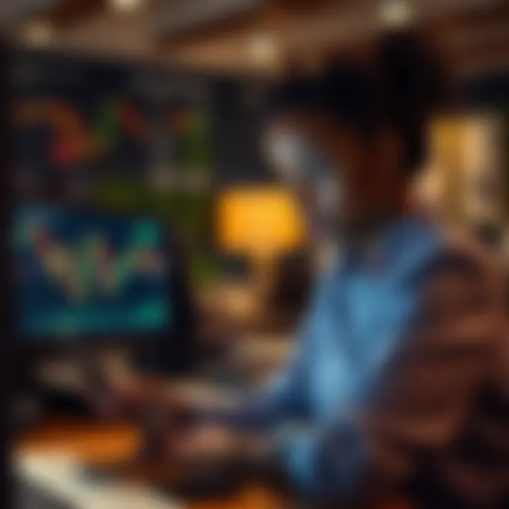 Female trader analyzing forex charts with smartphone in a modern workspace