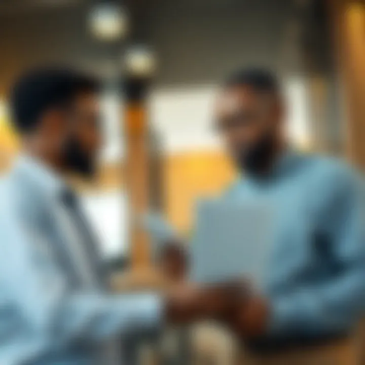Nigerian trader discussing financial plans with bank representative in modern office setting