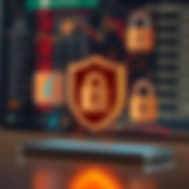 Illustration of secure online trading concepts including shield icon, currency symbols, and digital padlock
