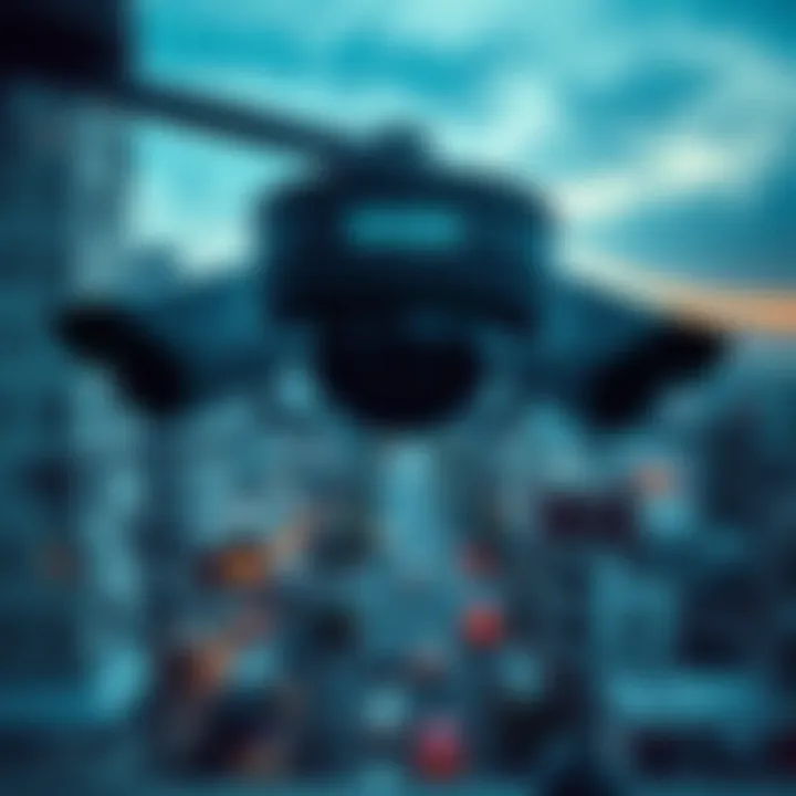 Surveillance and Security Solutions in Urban Environments Cityscape with security cameras and digital data overlay representing surveillance technology