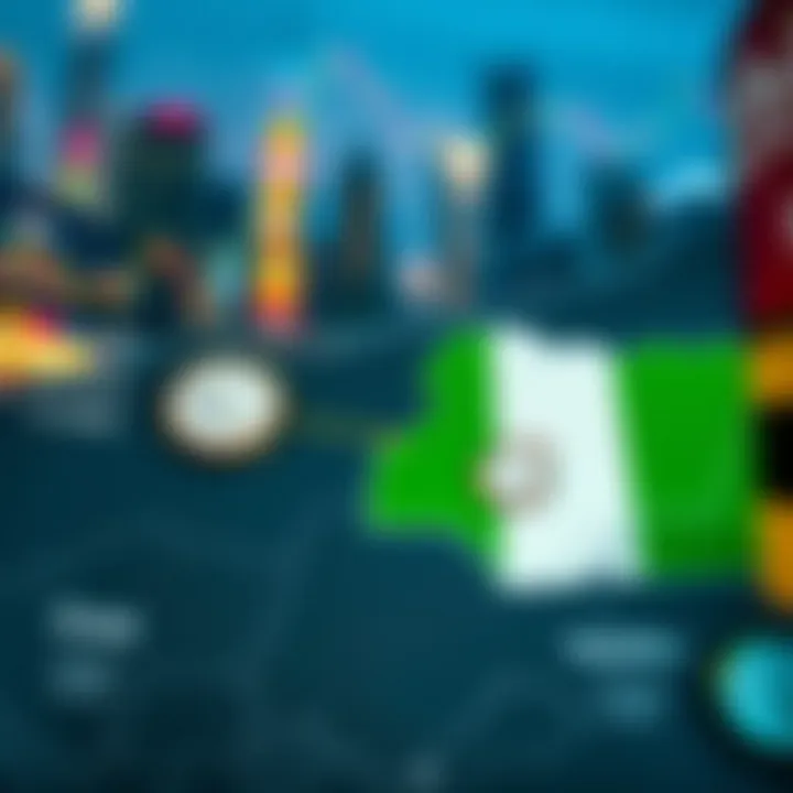 Map showing time zones between New York and Nigeria with clock icons illustrating trading hours