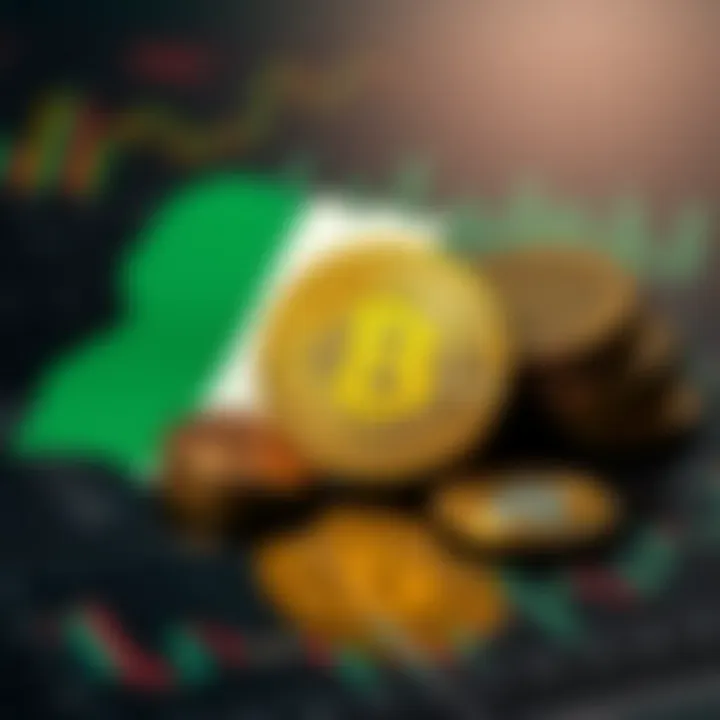 Illustration of Nigerian currency symbol alongside Bitcoin coin and economic growth charts