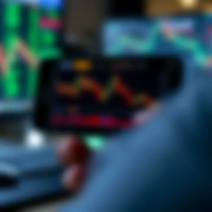 Mobile phone displaying forex trading charts and signals in a digital interface