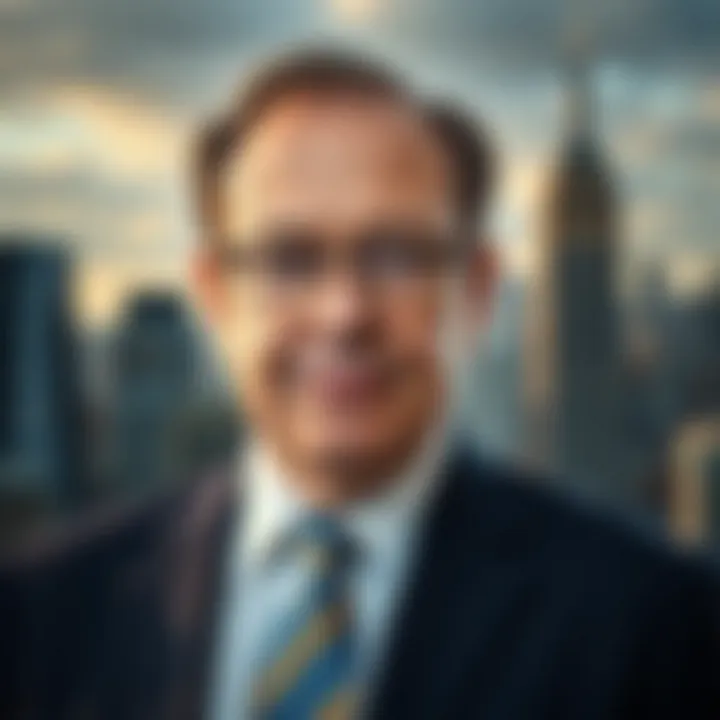 Portrait of Steve Cohen in a business suit with a financial district skyline in the background