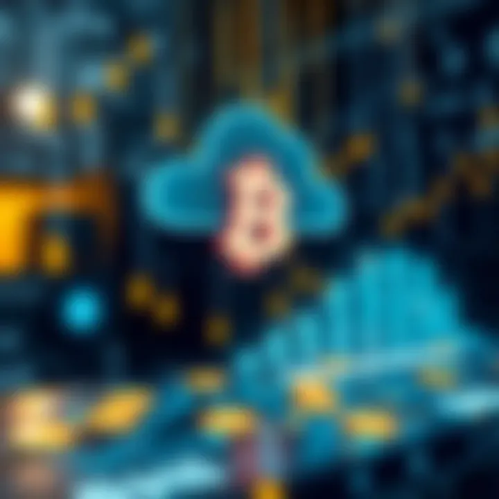Digital representation of cloud mining technology with cryptocurrency symbols and data streams