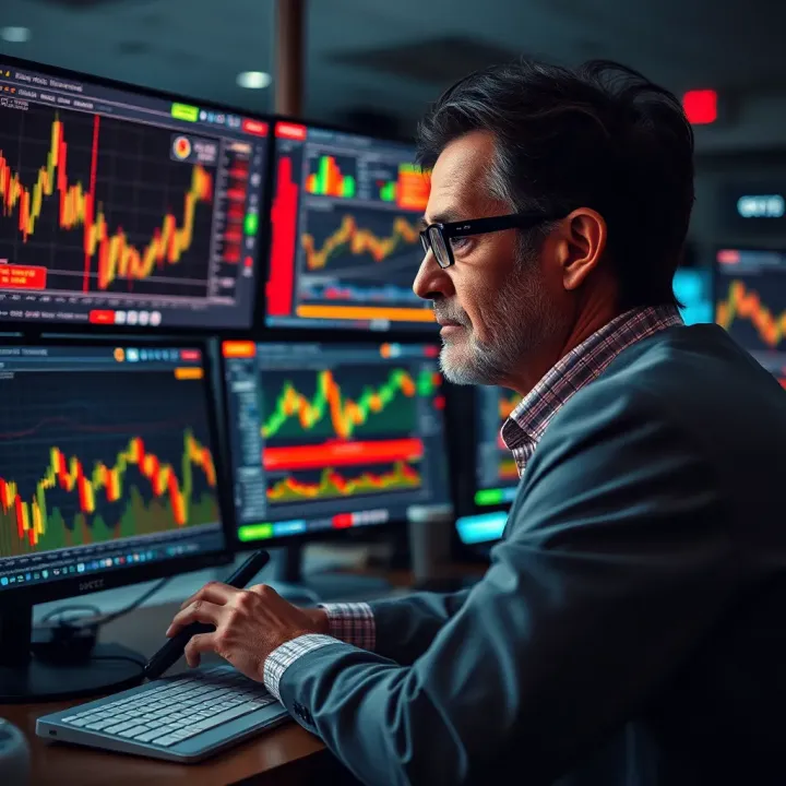 Bruce Kovner analyzing financial charts and market data on multiple screens