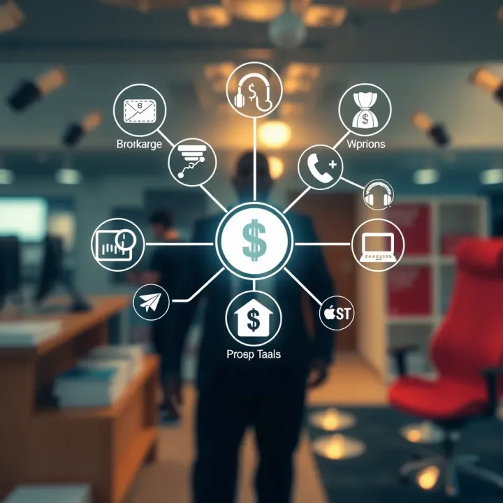 Illustration of different brokerage types represented by interconnected icons with financial symbols