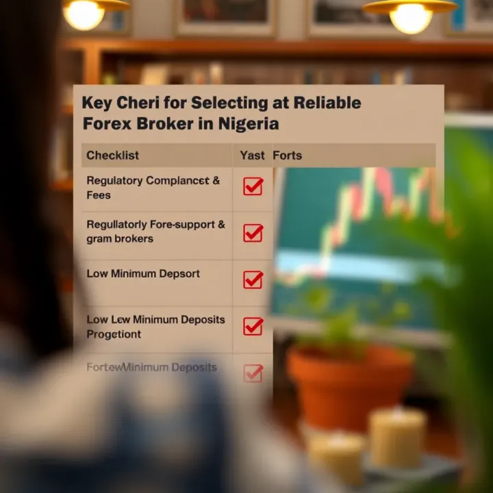 Key Criteria for Selecting a Reliable Forex Broker in Nigeria Graphic showing a checklist of regulatory compliance, fees, and customer support for forex brokers