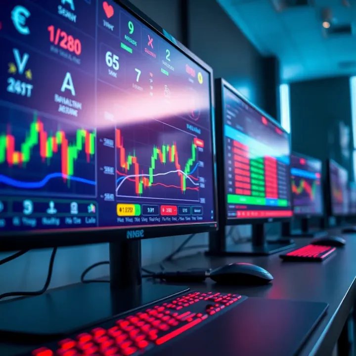 Forex trading platforms with charts and currency symbols displayed on computer screens