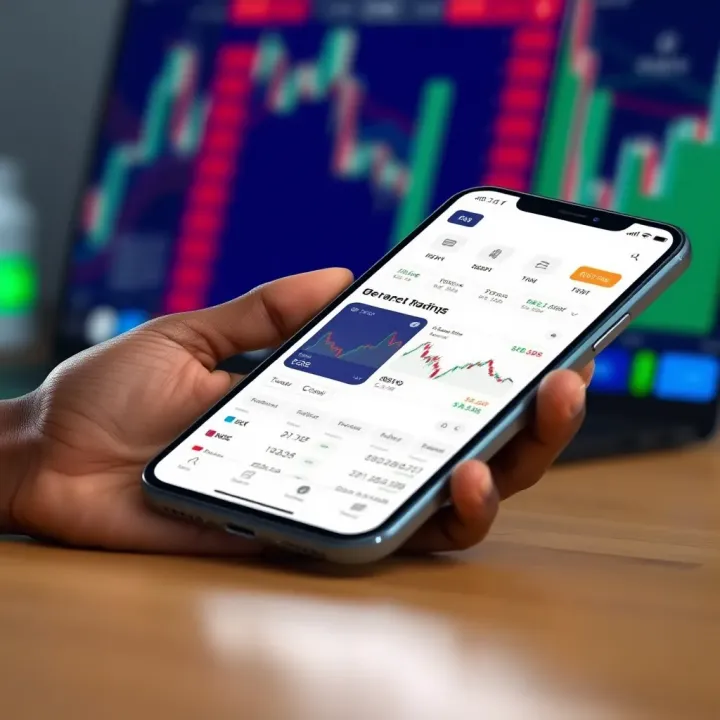 Smartphone displaying various online trading app interfaces with charts and portfolio overview