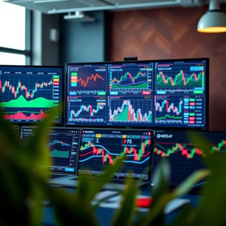 Illustration showing diverse trading charts and analytics on multiple screens representing global trading platforms