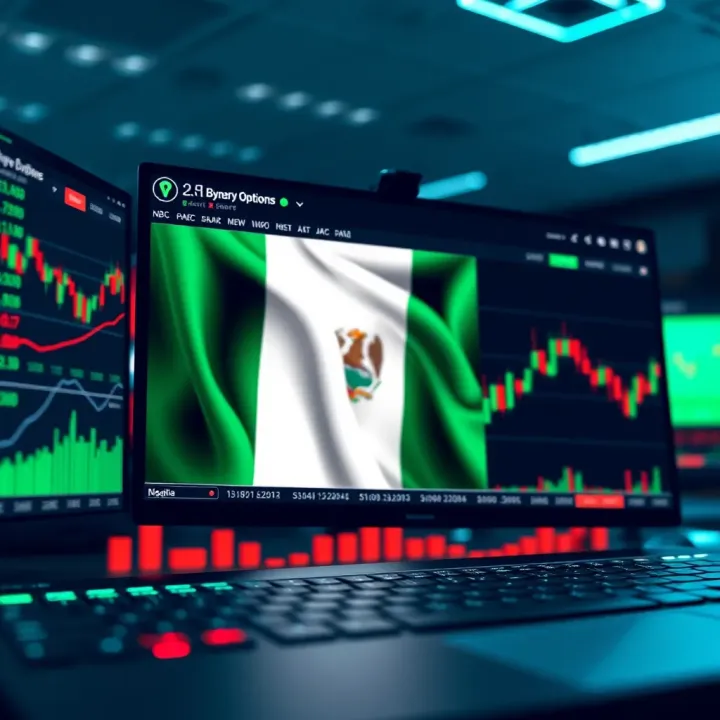 Digital interface displaying various binary options trading charts and data with Nigerian flag in background