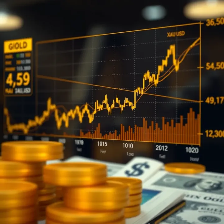 Graph showing gold price fluctuations against the US dollar with key market indicators
