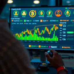 Secure online platform interface displaying cryptocurrency charts and regulatory compliance icons