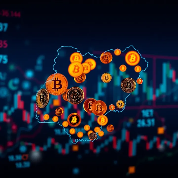 Digital currency symbols overlaying a map of Nigeria highlighting crypto trading activity