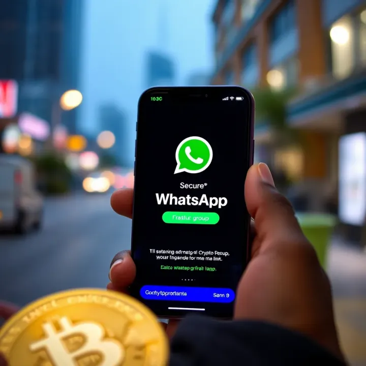 Visual illustration of a smartphone screen displaying a secure WhatsApp crypto group link with Nigerian naira and cryptocurrency icons
