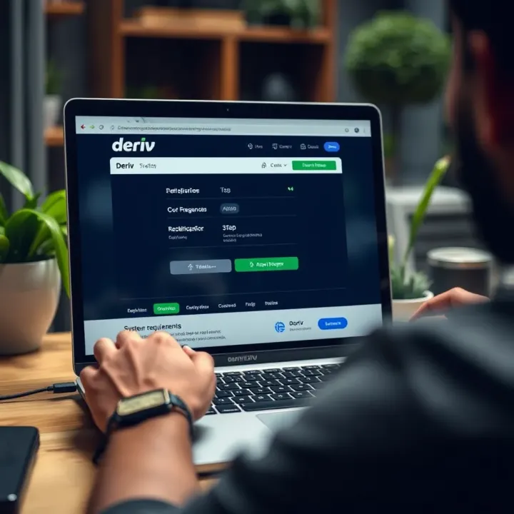 User downloading the Deriv trading application on a laptop with a clear interface showing system requirements