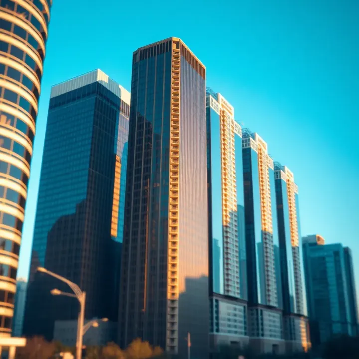 A modern urban skyline showing high-rise buildings with reflective glass windows under a clear blue sky