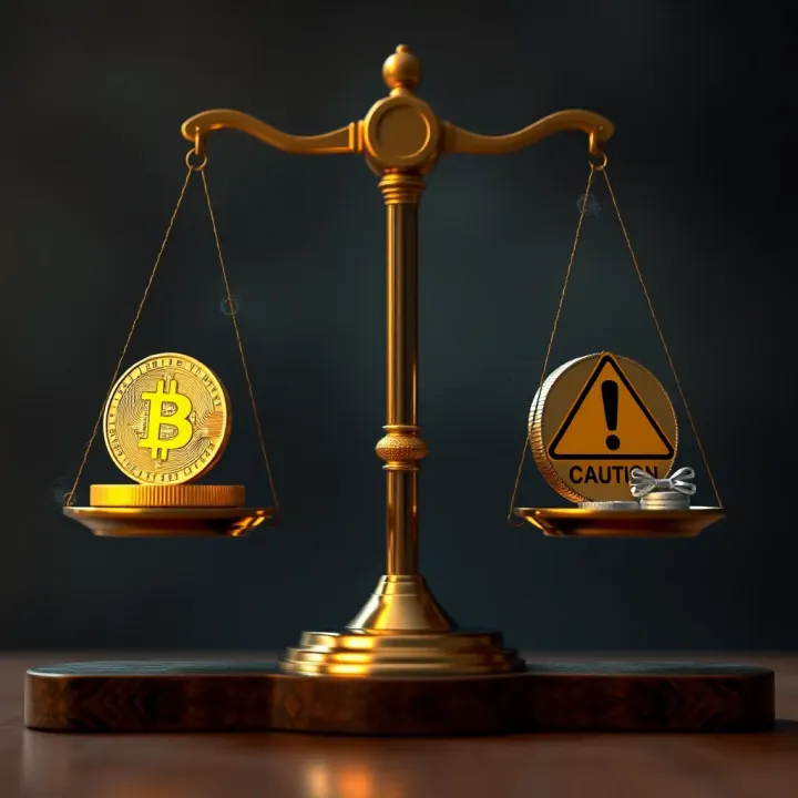 Graphic showing balance scales with cryptocurrency coins on one side and caution symbols on the other