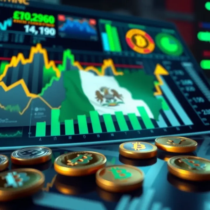 Visual representation of Nigeria's economic growth influenced by cryptocurrency mining activities with charts and digital currency icons