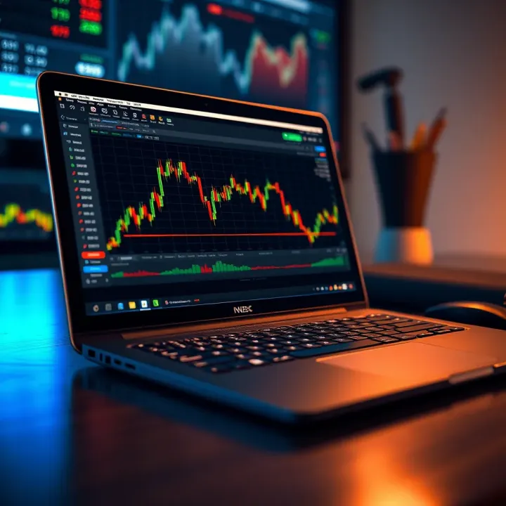 Laptop with forex trading platform showing currency pairs and analytical tools