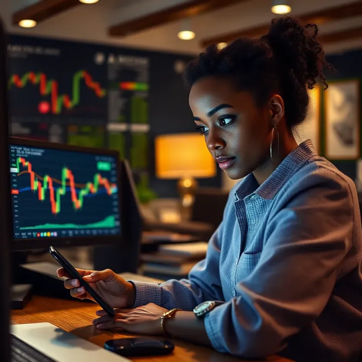Female trader analyzing forex charts with smartphone in a modern workspace