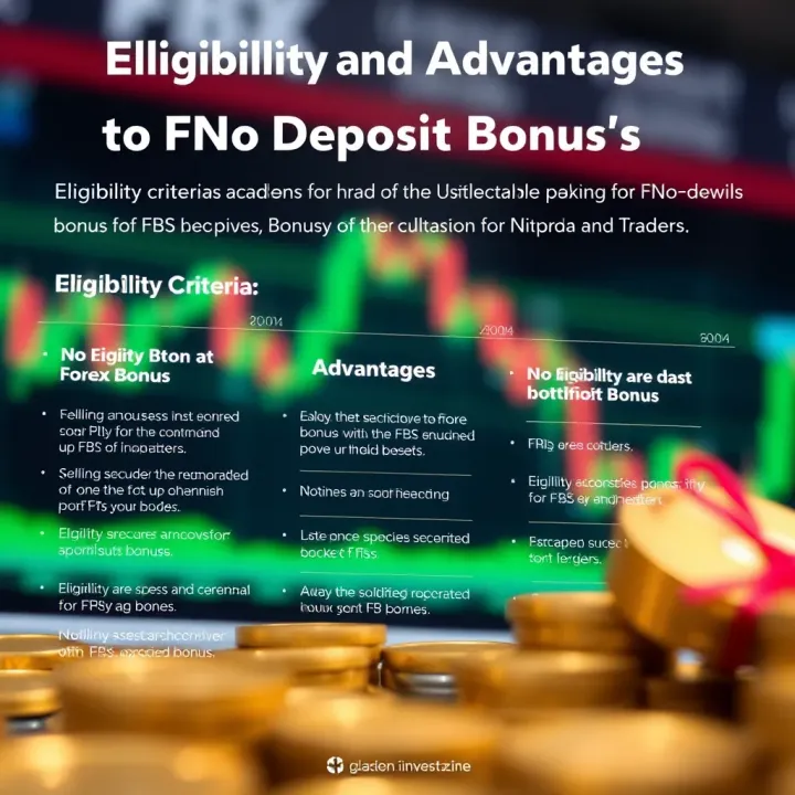 Graphic outlining eligibility criteria and advantages of the FBS no deposit bonus for forex trading
