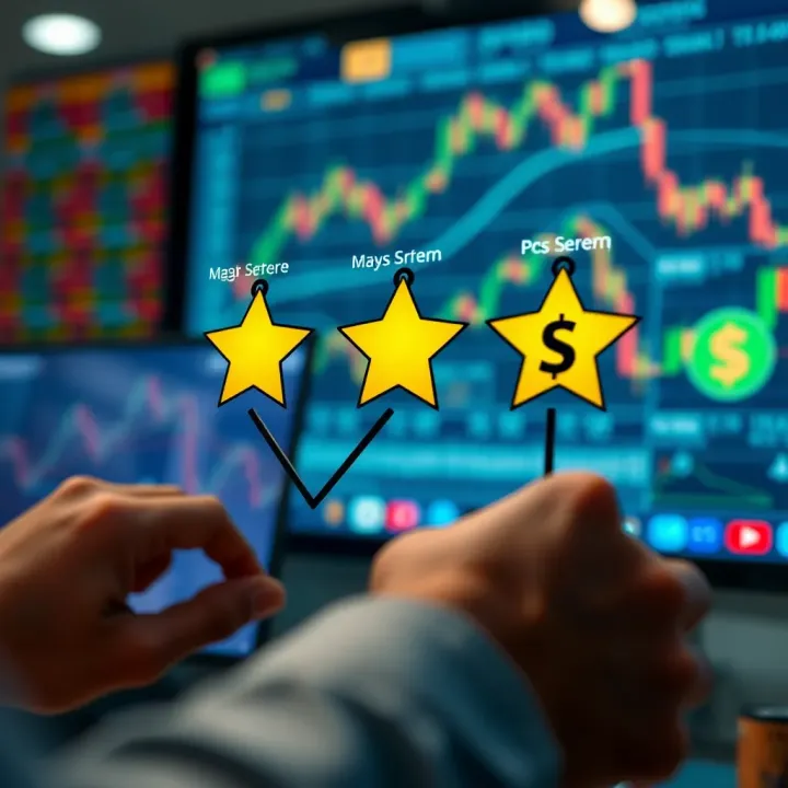 Illustration of assessing Forex signal providers with rating icons and currency symbols