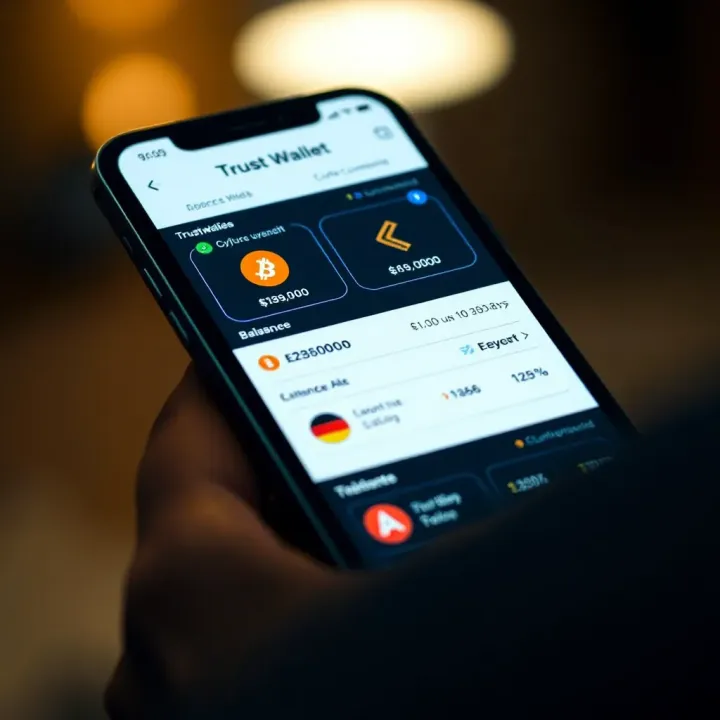 Trust Wallet app interface displaying various cryptocurrency balances on a smartphone screen