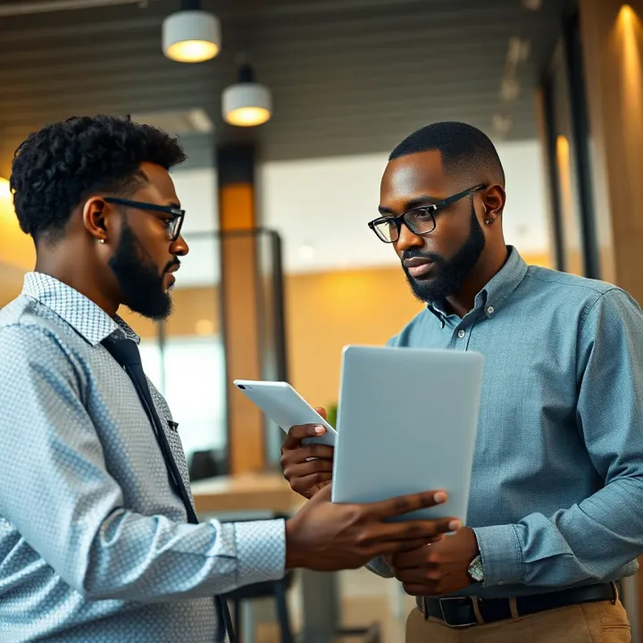 Nigerian trader discussing financial plans with bank representative in modern office setting