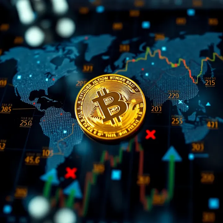 External Market Drivers Impacting Bitcoin Prices Global financial network with symbols of currencies and market trends influencing Bitcoin value