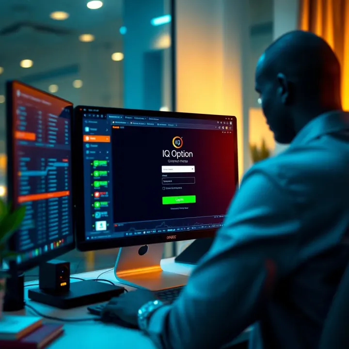 User logging into IQ Option platform on a desktop computer in Nigeria