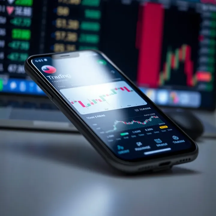 Mobile phone screen displaying a trading application interface with stock market graphs and currency exchange rates