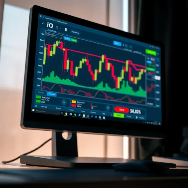 Close-up of computer screen showing IQ Option desktop application with trading graphs and tools