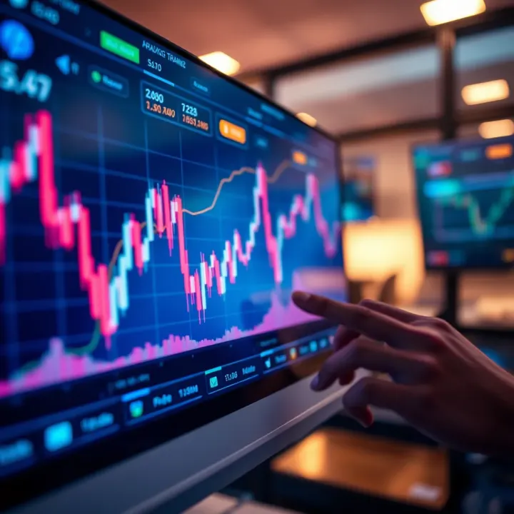 Graph showing upward trend and forex trading indicators on digital screen