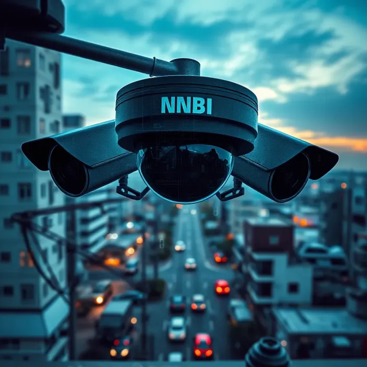 Cityscape with security cameras and digital data overlay representing surveillance technology