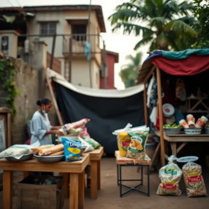 Outdoor small business setup with local food items displayed for sale in a Nigerian neighborhood