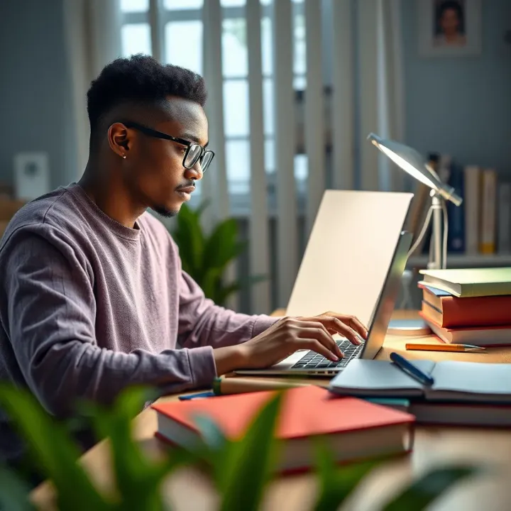 Student using a laptop at a desk with books and a notebook, focused on online work opportunities
