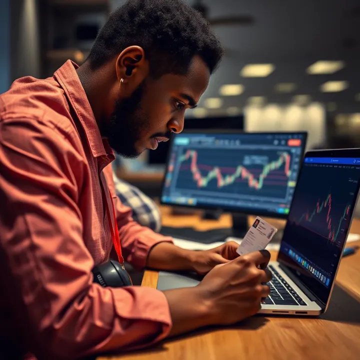 Nigerian trader reviewing identification documents next to a laptop displaying trading charts