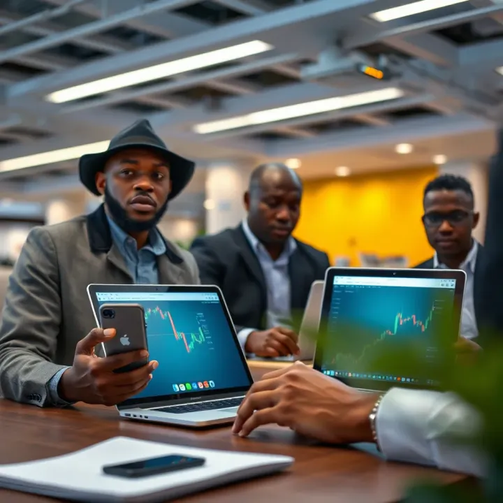 Illustration of Nigerian traders using various devices to access QX Broker services online