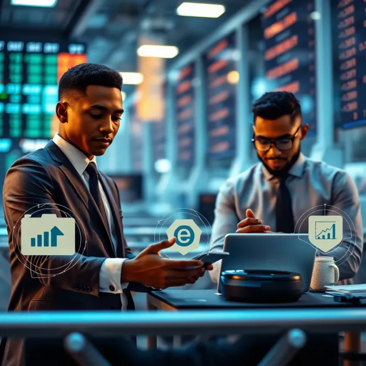Illustration of Nigerian investors using digital platforms for trading synthetic indices with safety and strategy icons