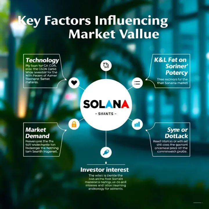 Diagram illustrating key factors affecting Solana's value including technology, market demand, and investor interest