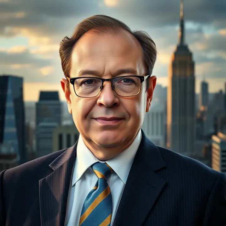 Portrait of Steve Cohen in a business suit with a financial district skyline in the background